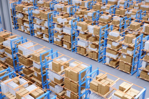 Warehouse with cardboard boxes inside on pallets racks, logistic center. Huge, large modern warehouse. Warehouse filled with cardboard boxes on shelves, boxes stand on pallets. 3D Illustration